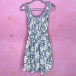 American Eagle Chambray Floral Easy Cinched Waist Boho Baby Doll Mini Dress Sm